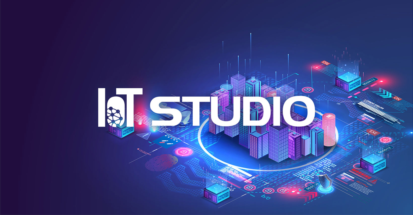 Ilustração tecnológica da IOT Studio com cidade conectada